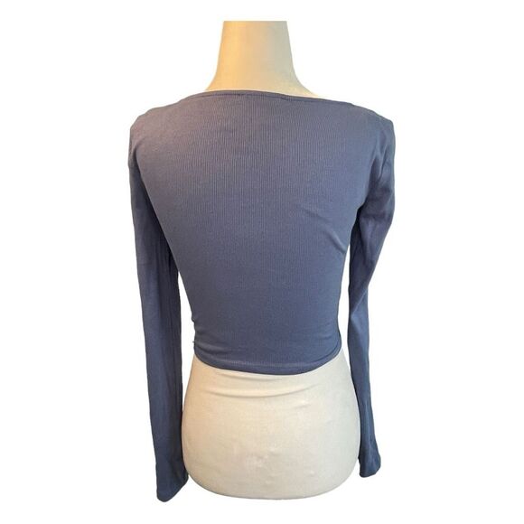 Zara Ruched Crop Top Periwinkle Blue Ribbed Knit Long Sleeve S - Picture 5 of 7
